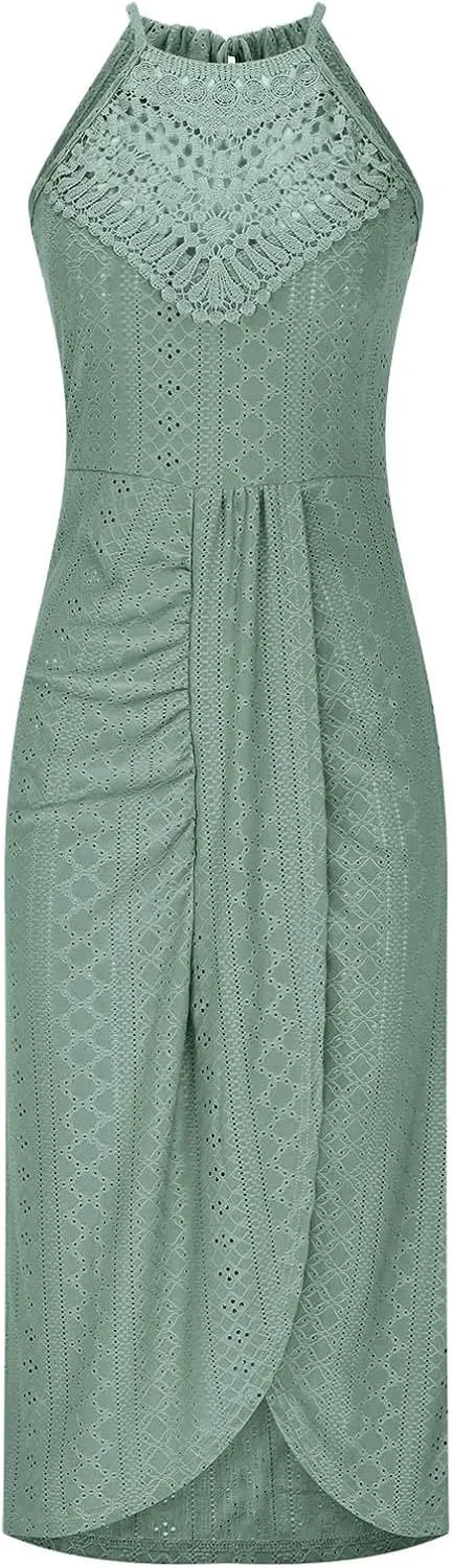 2025 Womens Halter Tie Back Dresses Summer Sleeveless Slit Front Pleated Eyelet Trendy Lace Bodycon Ruched Midi Sundress