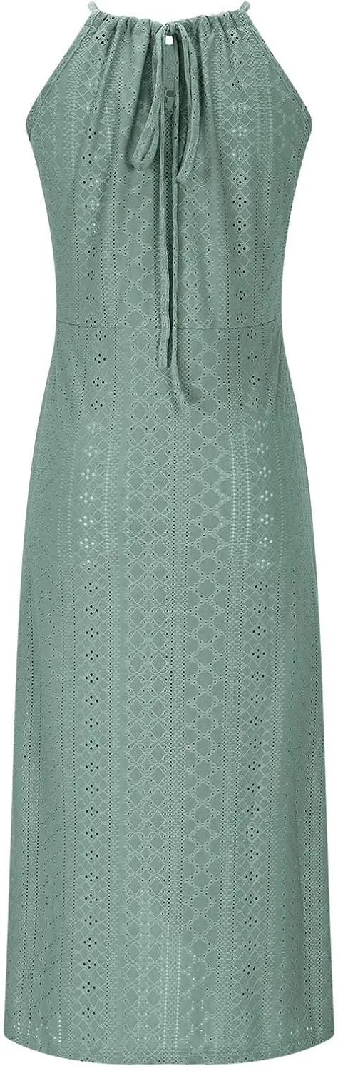 2025 Womens Halter Tie Back Dresses Summer Sleeveless Slit Front Pleated Eyelet Trendy Lace Bodycon Ruched Midi Sundress