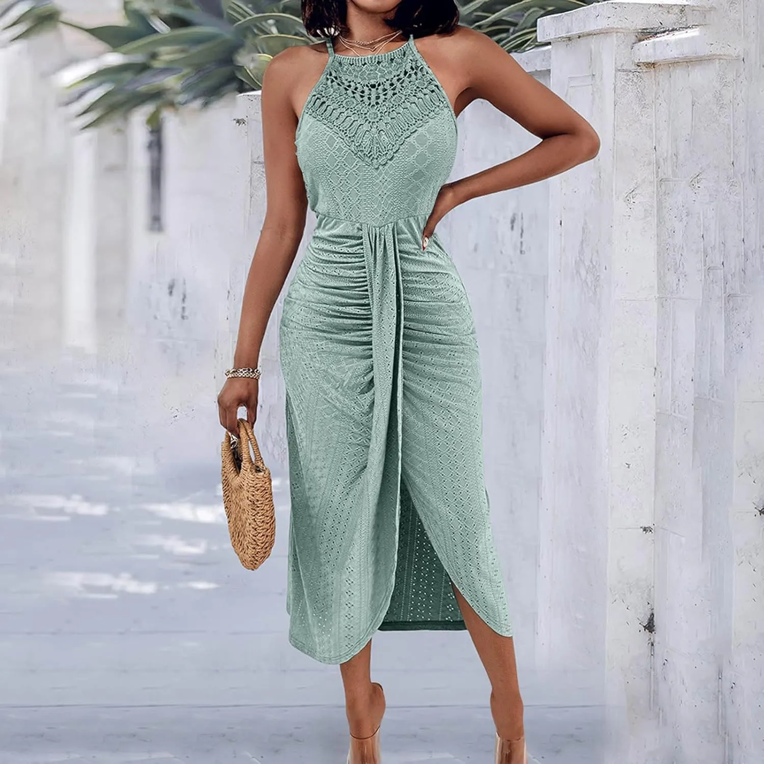 2025 Womens Halter Tie Back Dresses Summer Sleeveless Slit Front Pleated Eyelet Trendy Lace Bodycon Ruched Midi Sundress