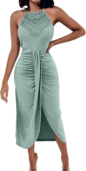 2025 Womens Halter Tie Back Dresses Summer Sleeveless Slit Front Pleated Eyelet Trendy Lace Bodycon Ruched Midi Sundress