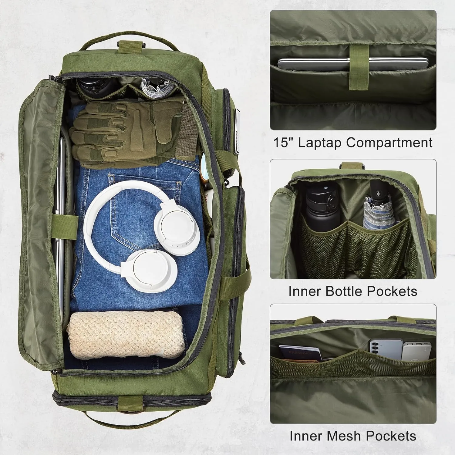 3-in-1 Tactical Travel Duffle Bag for Men and Women, Large 50L Military Duffle Weekender Bags Gym Backpack with Shoes Compartment and Wet Pocket (Green)