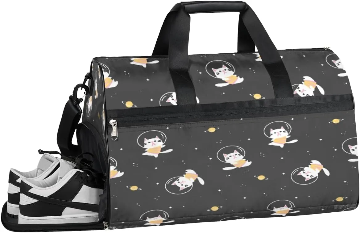 Astronaut Cat Sports Gym Bag with Wet Pocket & Shoes Compartment Waterproof Workout Duffel Bag for Women and Men Weekender Overnight Duffle Bag Travel Carry-on Tote