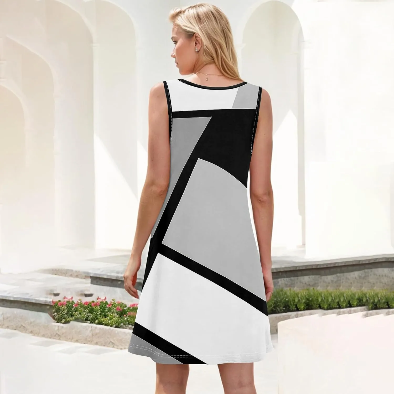 Azeralia Women Summer Casual Dress 2025 Sleeveless Mini Swing Tank Sundress with Pockets Crew Neck A Line Tshirt Dress