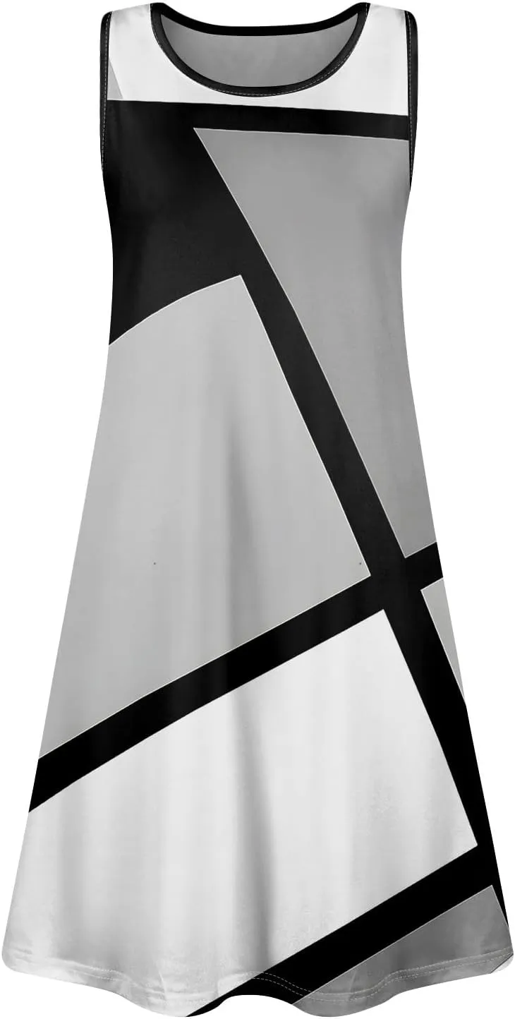 Azeralia Women Summer Casual Dress 2025 Sleeveless Mini Swing Tank Sundress with Pockets Crew Neck A Line Tshirt Dress