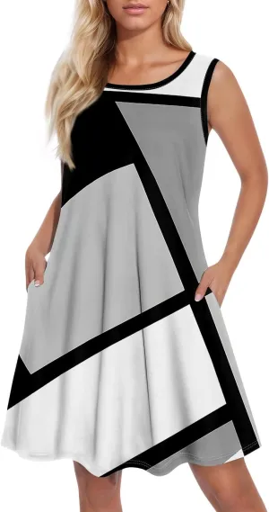 Azeralia Women Summer Casual Dress 2025 Sleeveless Mini Swing Tank Sundress with Pockets Crew Neck A Line Tshirt Dress