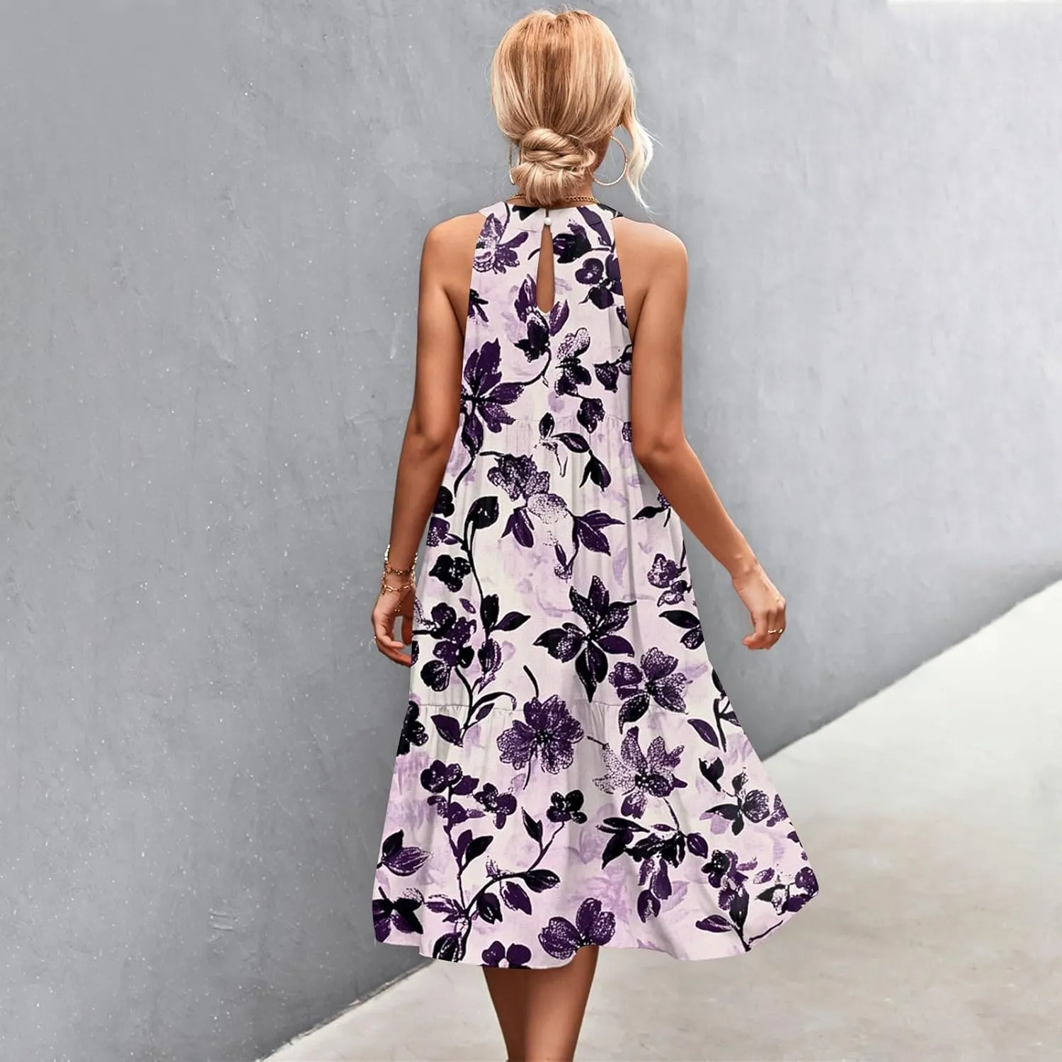 Azeralia Womens Spring Summer 2025 Sleeveless Casual Hanging Neck Beach Dresses Printed Loose Splicing Long Dress