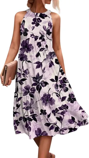 Azeralia Womens Spring Summer 2025 Sleeveless Casual Hanging Neck Beach Dresses Printed Loose Splicing Long Dress