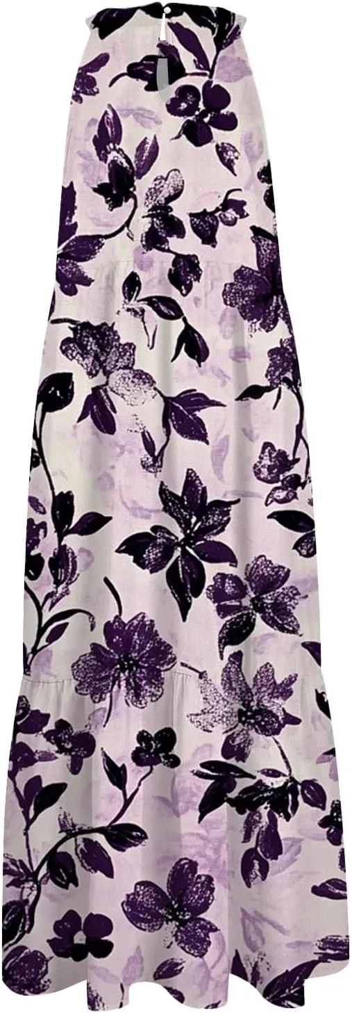 Azeralia Womens Spring Summer 2025 Sleeveless Casual Hanging Neck Beach Dresses Printed Loose Splicing Long Dress
