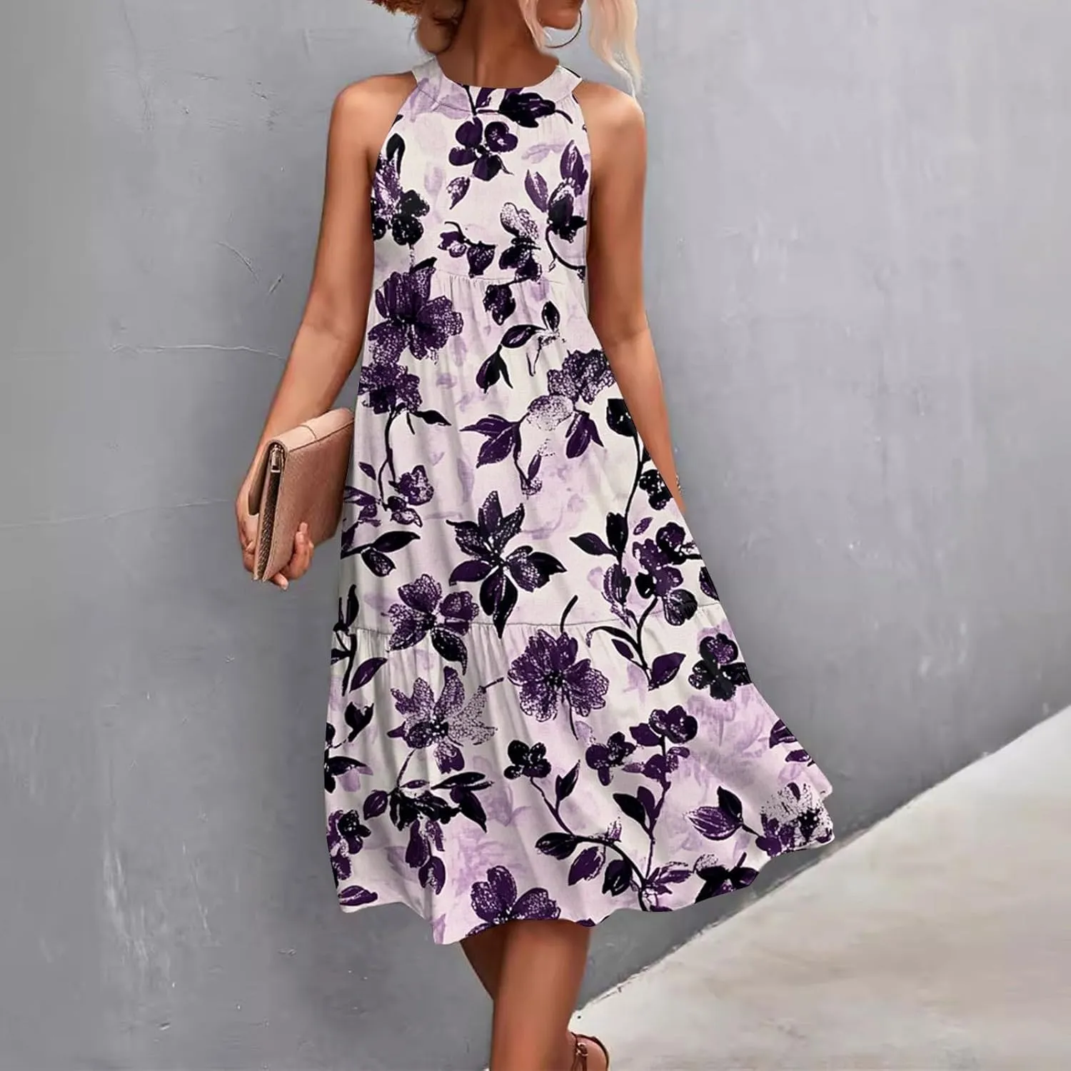 Azeralia Womens Spring Summer 2025 Sleeveless Casual Hanging Neck Beach Dresses Printed Loose Splicing Long Dress