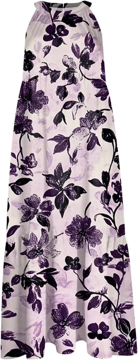 Azeralia Womens Spring Summer 2025 Sleeveless Casual Hanging Neck Beach Dresses Printed Loose Splicing Long Dress