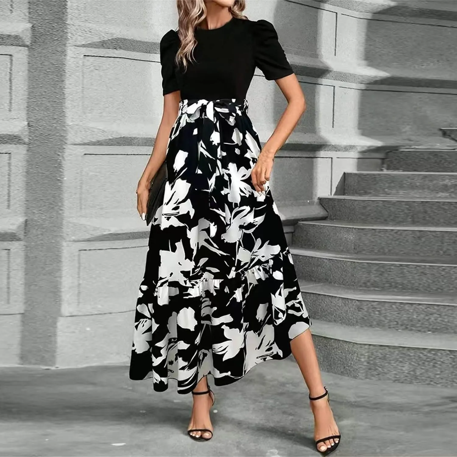 Azeralia Women's Summer Casual Flutter Short Sleeve Crew Neck Smocked Elastic Waist Tiered Midi Dress Elegant Beach Dress