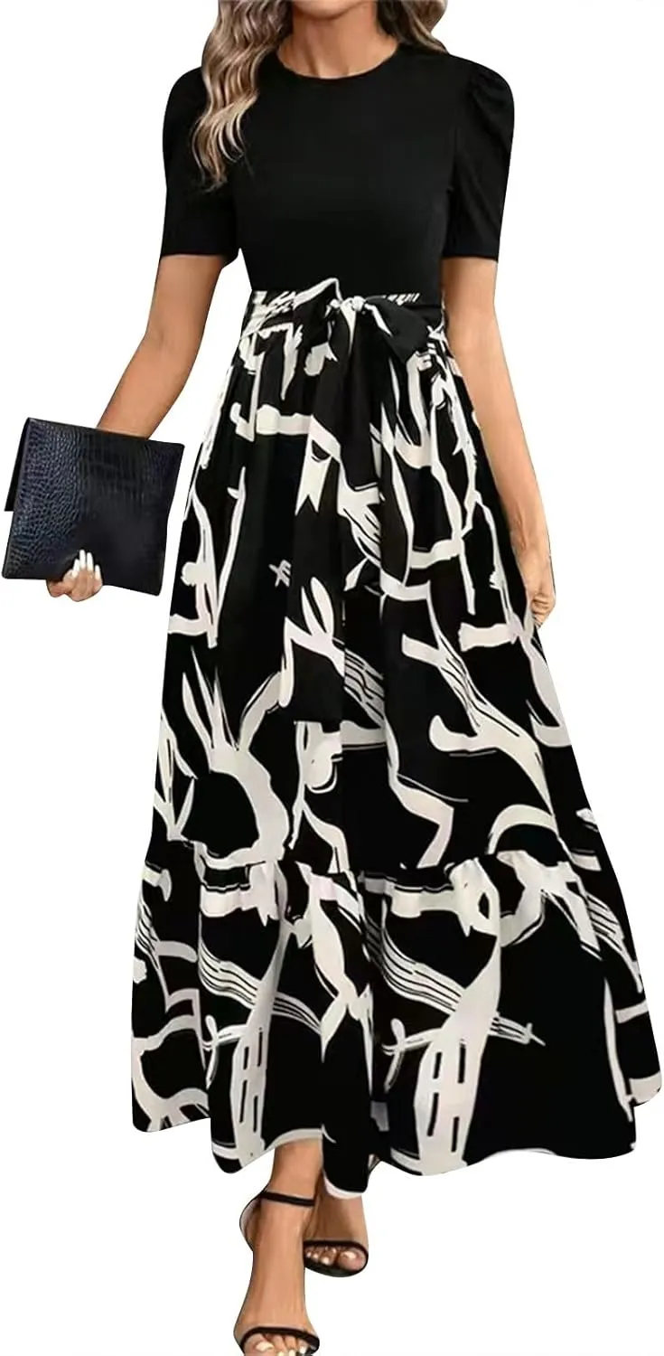 Azeralia Women's Summer Casual Flutter Short Sleeve Crew Neck Smocked Elastic Waist Tiered Midi Dress Elegant Beach Dress