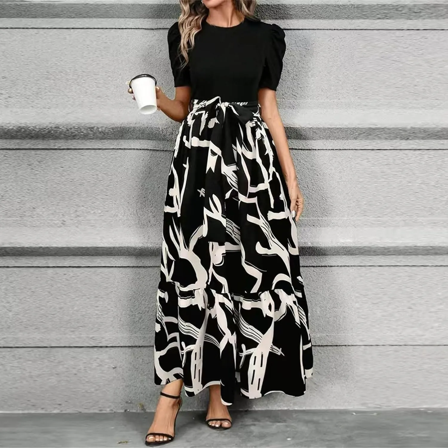 Azeralia Women's Summer Casual Flutter Short Sleeve Crew Neck Smocked Elastic Waist Tiered Midi Dress Elegant Beach Dress