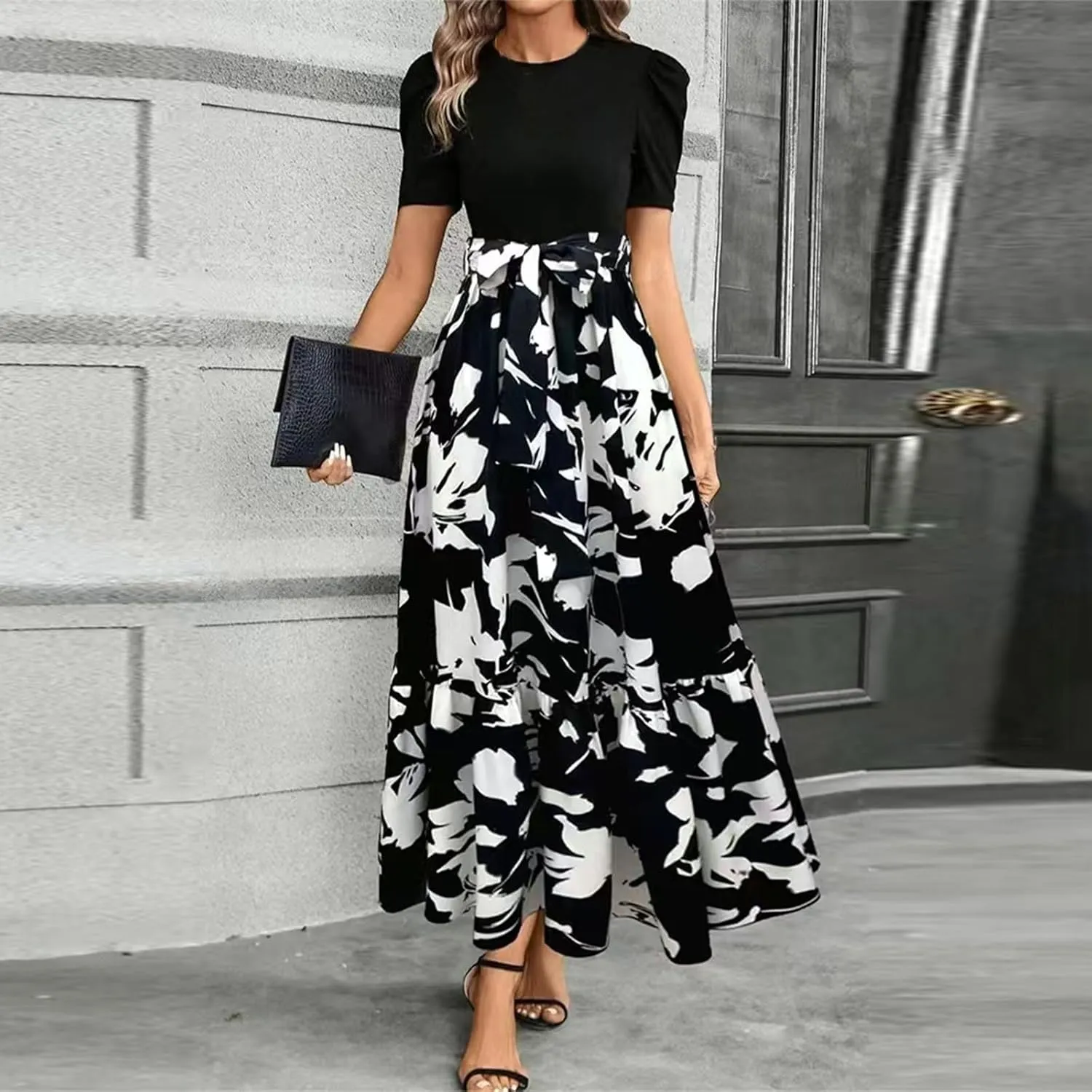 Azeralia Women's Summer Casual Flutter Short Sleeve Crew Neck Smocked Elastic Waist Tiered Midi Dress Elegant Beach Dress