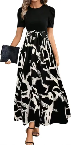 Azeralia Women's Summer Casual Flutter Short Sleeve Crew Neck Smocked Elastic Waist Tiered Midi Dress Elegant Beach Dress