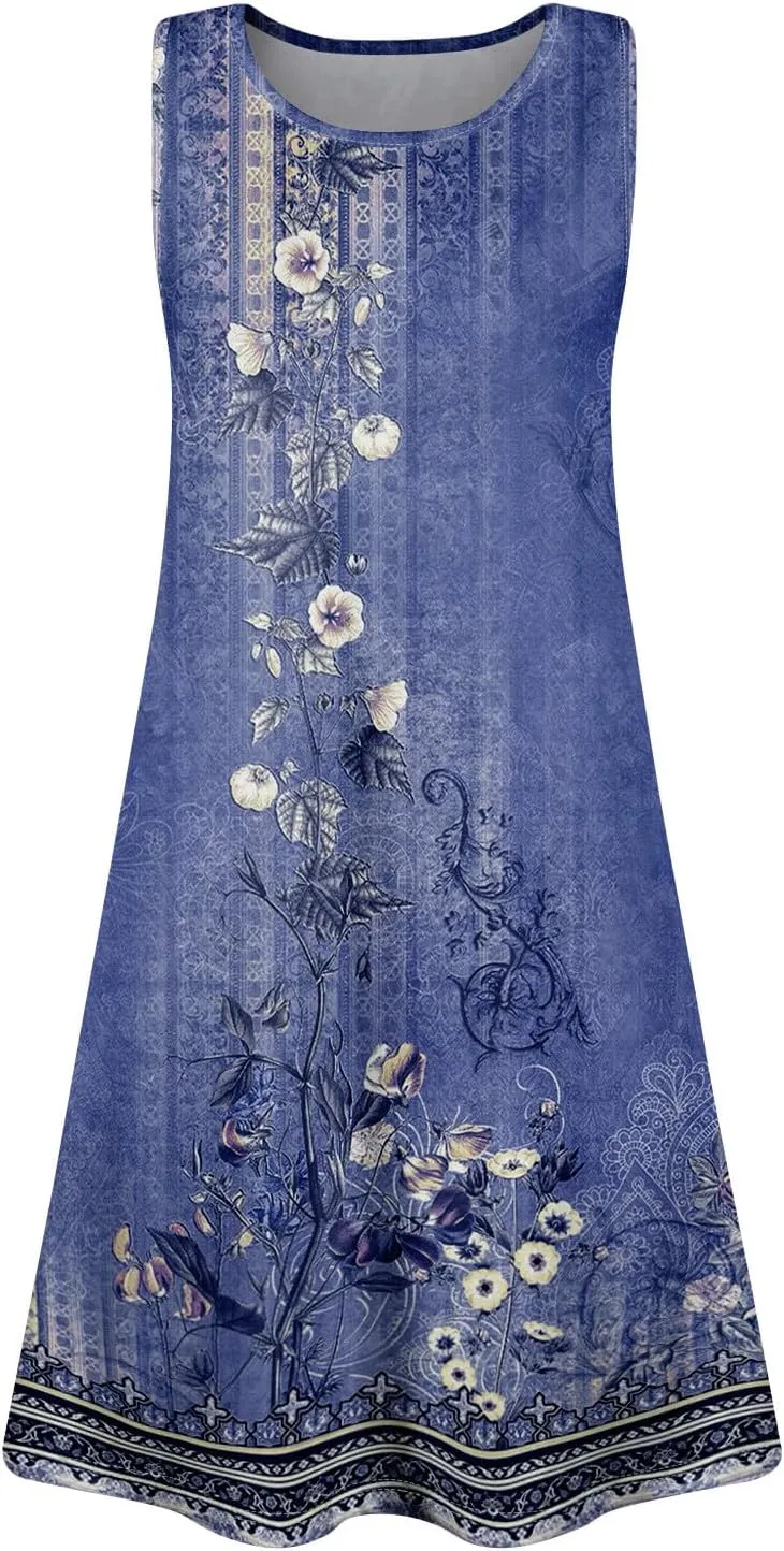 BAXLIMEK Sundresses for Women,2025 Spring Summer Casual Loose U Neck Mini Dress Trendy Flowy Ruched Print Beach T Shirt Dress