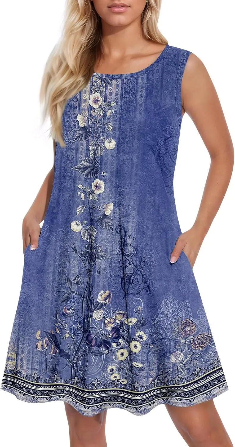 BAXLIMEK Sundresses for Women,2025 Spring Summer Casual Loose U Neck Mini Dress Trendy Flowy Ruched Print Beach T Shirt Dress