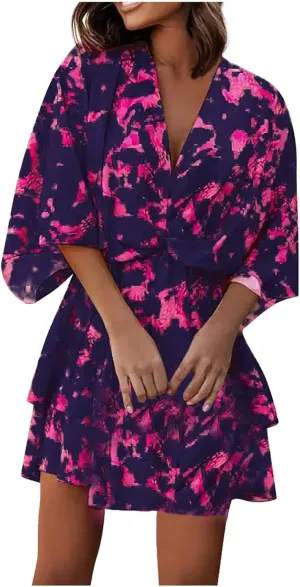 Beach Dresses for Women,2023 Summer Casual Trendy Loose Batwing Sleeve Mini Dress,Floral Flowy Hem Boho Dress