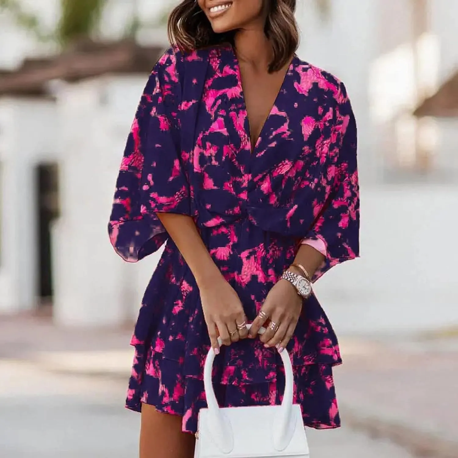 Beach Dresses for Women,2023 Summer Casual Trendy Loose Batwing Sleeve Mini Dress,Floral Flowy Hem Boho Dress