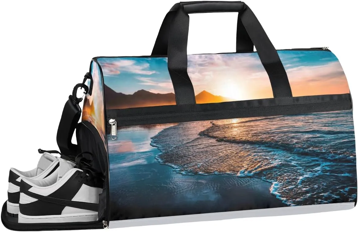 Beach Sunset Pattern Sports Gym Bag with Wet Pocket & Shoes Compartment Waterproof Workout Duffel Bag for Women and Men Weekender Overnight Duffle Bag Travel Carry-on Tote