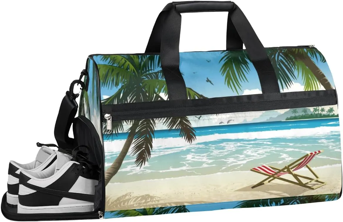 Beach Theme Sports Gym Bag with Wet Pocket & Shoes Compartment Waterproof Workout Duffel Bag for Women and Men Weekender Overnight Duffle Bag Travel Carry-on Tote