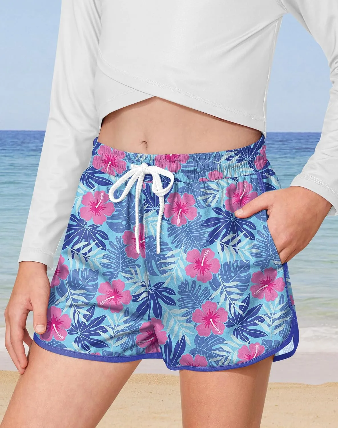 BesserBay Girls Summer Elastic Waist Beach Swim Shorts Quick Dry Active Swim Trunks with Pocket 5-14 Years