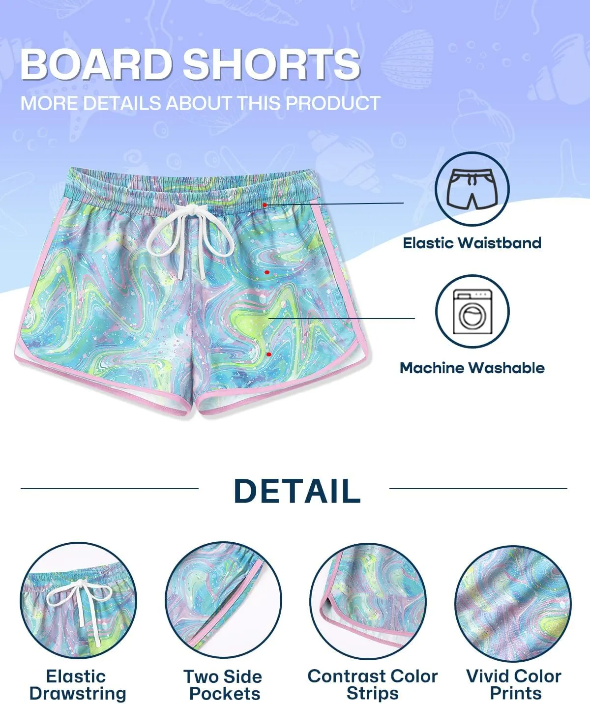 BesserBay Girls Summer Elastic Waist Beach Swim Shorts Quick Dry Active Swim Trunks with Pocket 5-14 Years