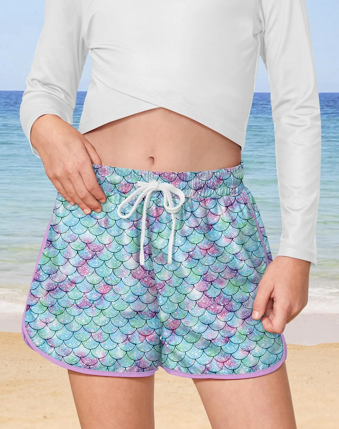 BesserBay Girls Summer Elastic Waist Beach Swim Shorts Quick Dry Active Swim Trunks with Pocket 5-14 Years