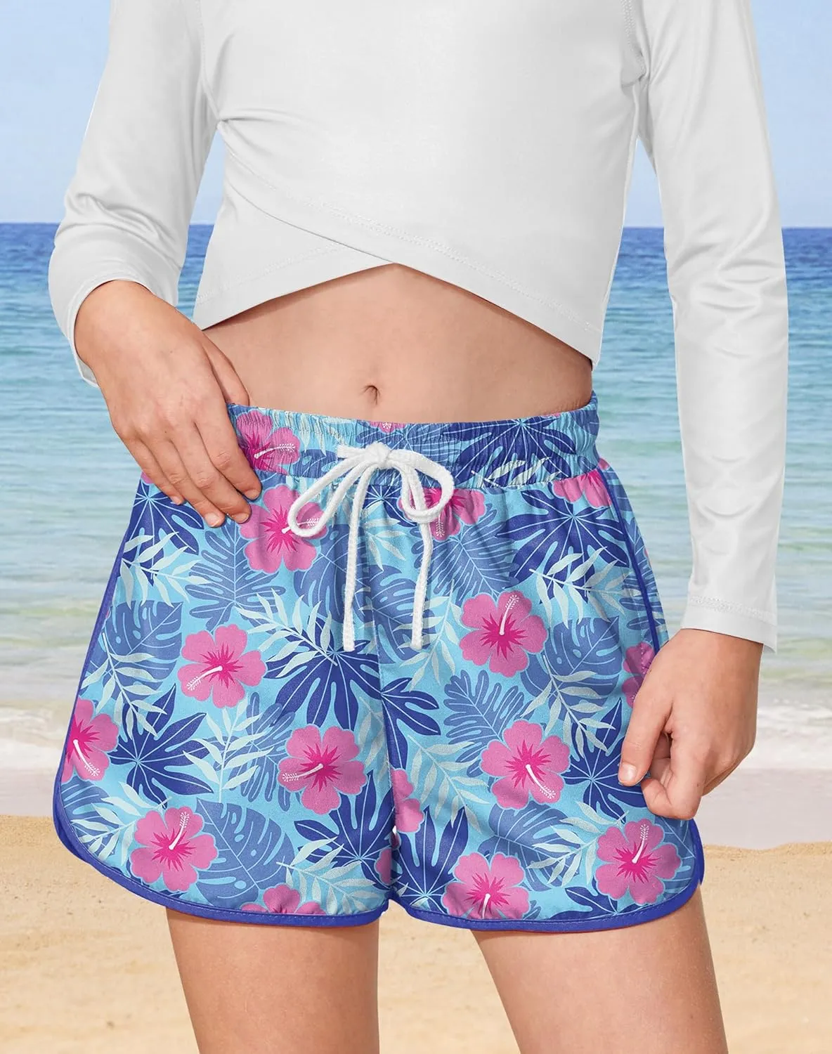 BesserBay Girls Summer Elastic Waist Beach Swim Shorts Quick Dry Active Swim Trunks with Pocket 5-14 Years