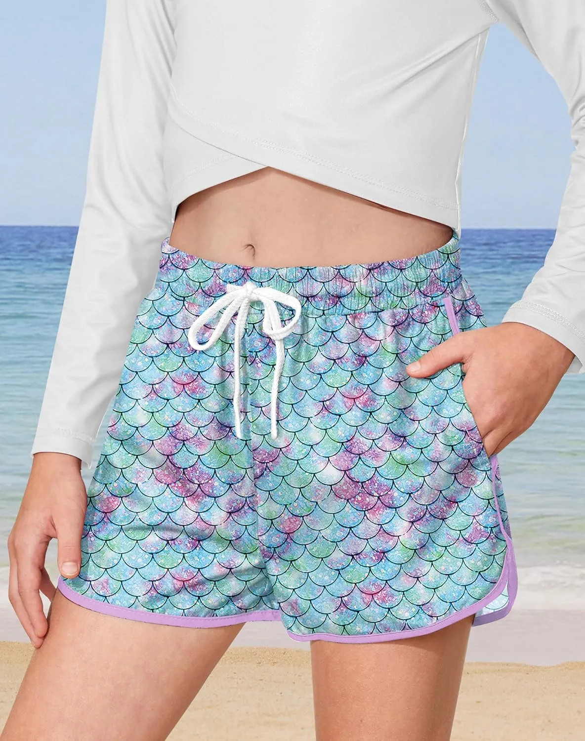 BesserBay Girls Summer Elastic Waist Beach Swim Shorts Quick Dry Active Swim Trunks with Pocket 5-14 Years