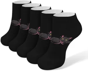 Black Cat Ribbon 5 Pairs Low Cut Ankle Socks for Men Women Athletic Running Socks No Show Breathable