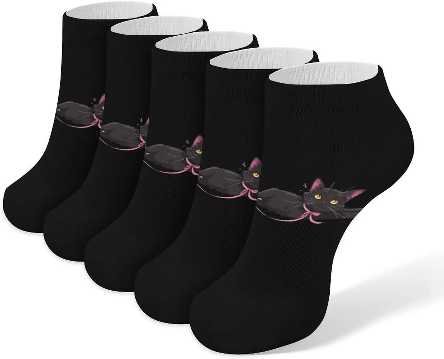 Black Cat Ribbon 5 Pairs Low Cut Ankle Socks for Men Women Athletic Running Socks No Show Breathable