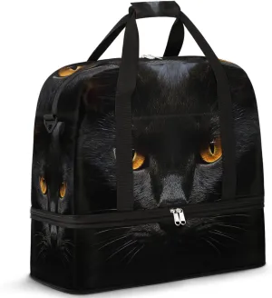 Black Cat Travel Duffel Bag for Women Men, Animal Pattern Sports Gym Bag with Shoes Compartment Foldable Overnight Bag Weekender Tote Workout Carry On Luggage Bag