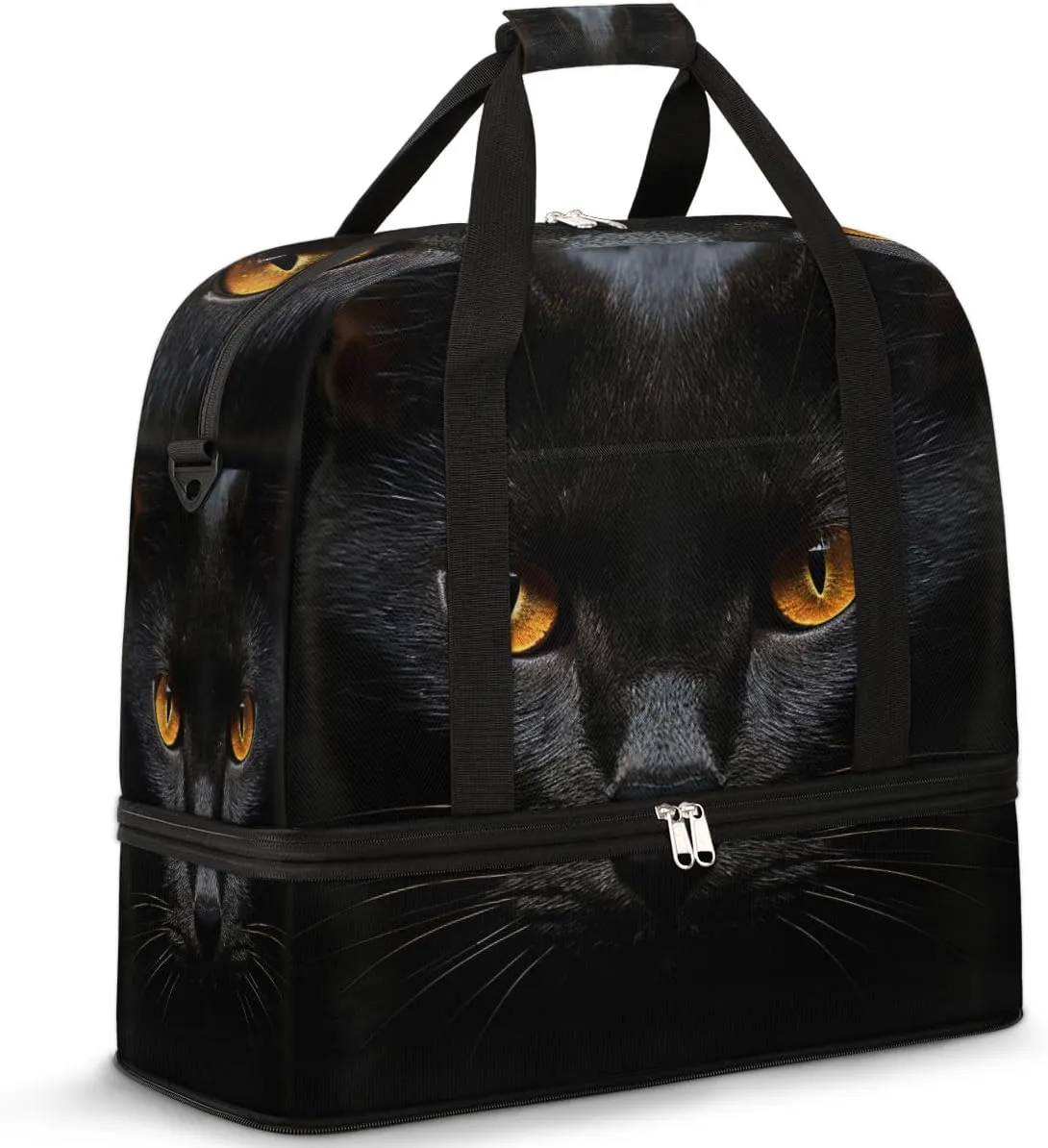 Black Cat Travel Duffel Bag for Women Men, Animal Pattern Sports Gym Bag with Shoes Compartment Foldable Overnight Bag Weekender Tote Workout Carry On Luggage Bag