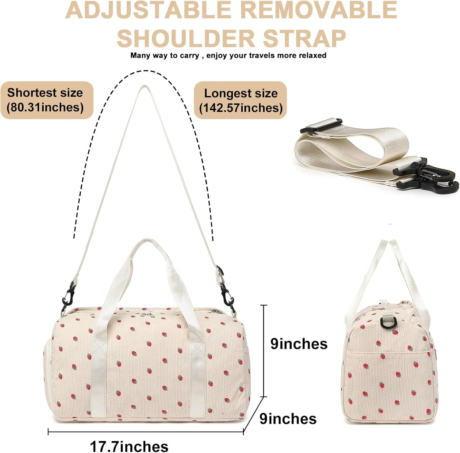 BLUBOON Duffle Bag Girls Kids Cute Gym Bag with Shoes Compartment & Wet Separation Waterproof Sports Overnight Travel Bag, Strawberry Corduroy, Corduroy Strawberry Duffle Bag Tote Bag