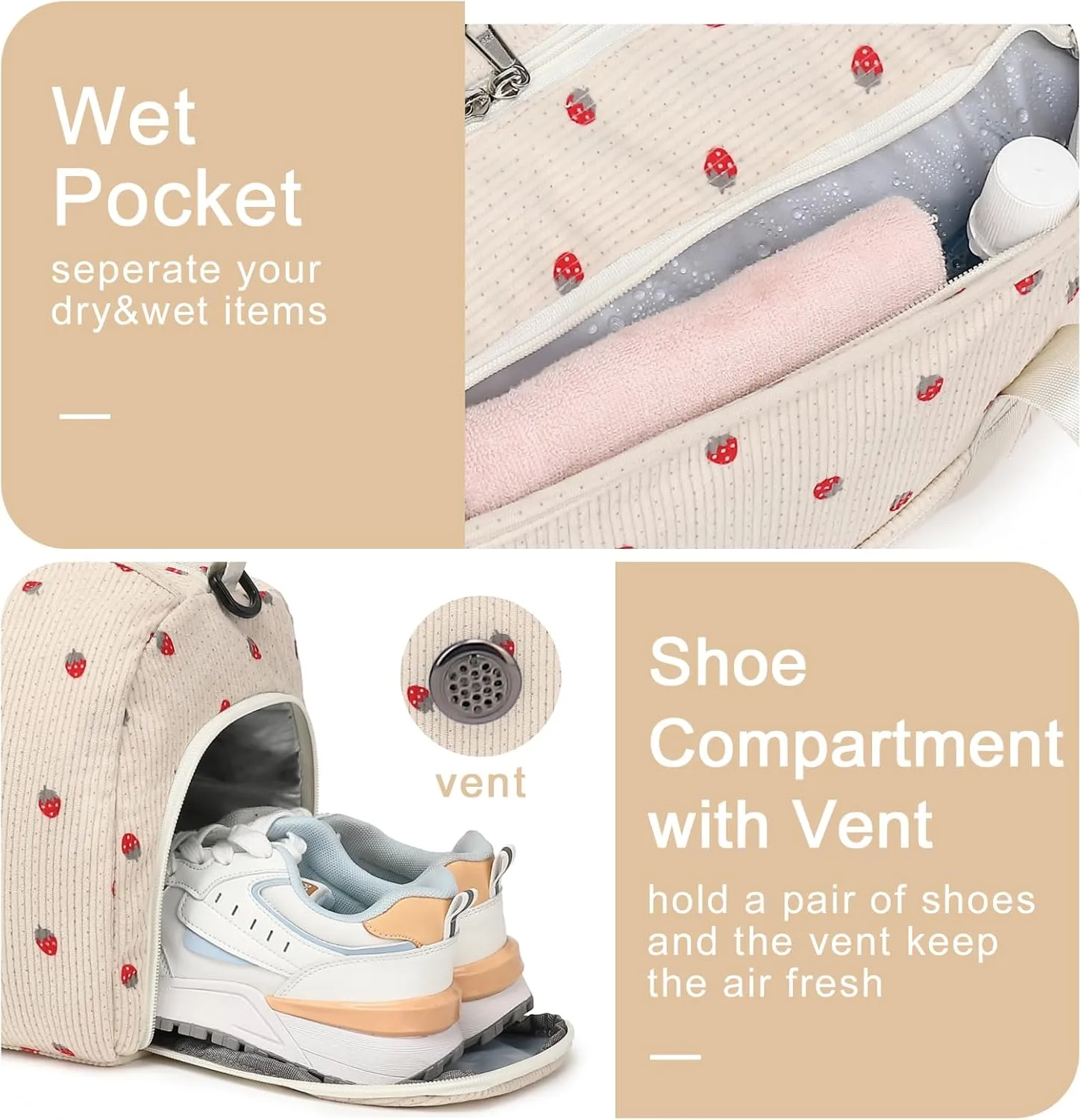 BLUBOON Duffle Bag Girls Kids Cute Gym Bag with Shoes Compartment & Wet Separation Waterproof Sports Overnight Travel Bag, Strawberry Corduroy, Corduroy Strawberry Duffle Bag Tote Bag
