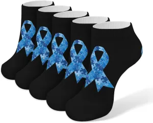 Blue Awareness Ribbon 5 Pairs Low Cut Ankle Socks for Men Women Athletic Running Socks No Show Breathable