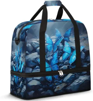 Blue Butterfly Travel Duffel Bag for Women Men, Butterflies Pattern Sports Gym Bag with Shoes Compartment Foldable Overnight Bag Weekender Tote Workout Carry On Luggage Bag
