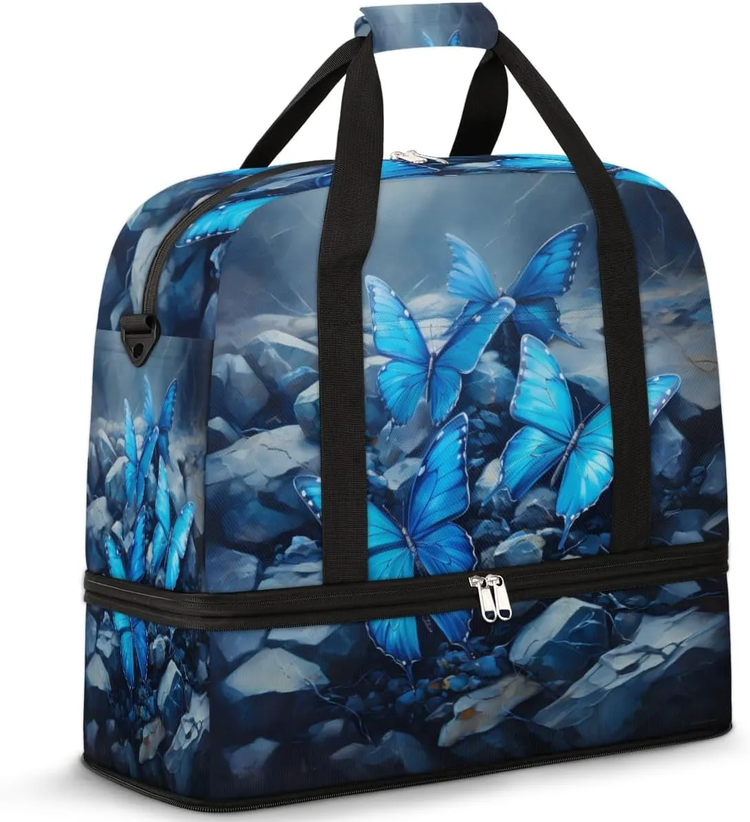 Blue Butterfly Travel Duffel Bag for Women Men, Butterflies Pattern Sports Gym Bag with Shoes Compartment Foldable Overnight Bag Weekender Tote Workout Carry On Luggage Bag