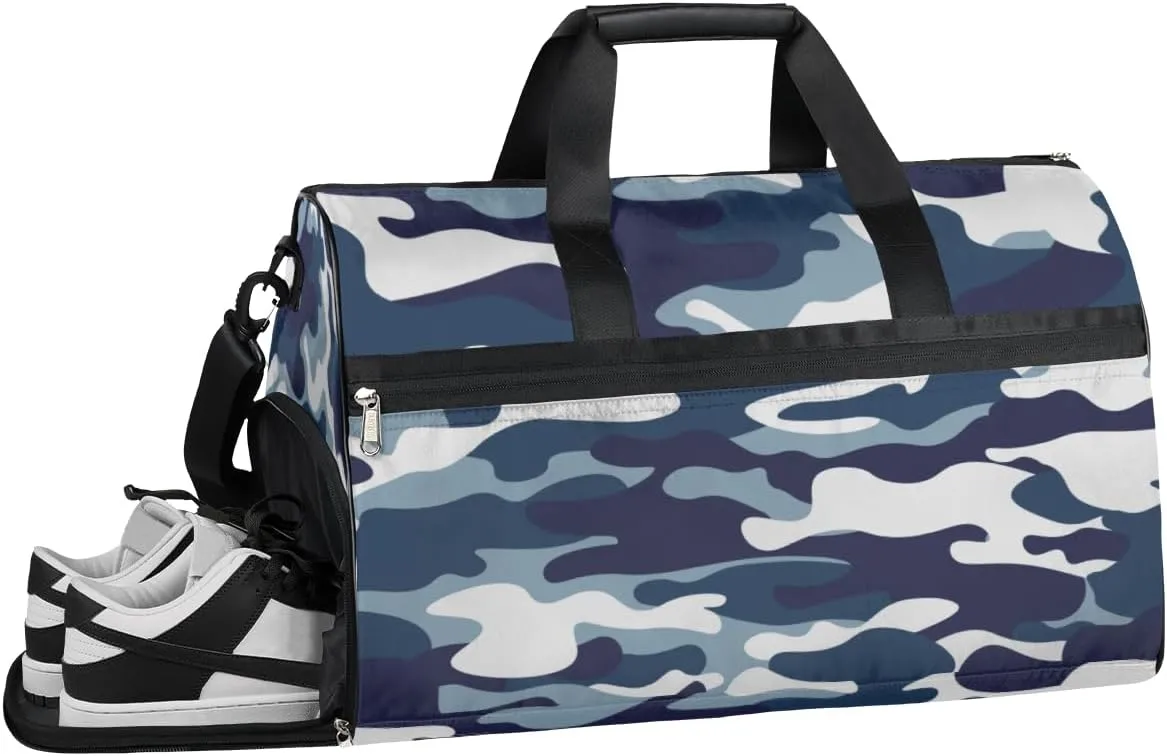 Blue Camouflage Sports Gym Bag with Wet Pocket & Shoes Compartment Waterproof Workout Duffel Bag for Women and Men Weekender Overnight Duffle Bag Travel Carry-on Tote