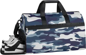 Blue Camouflage Sports Gym Bag with Wet Pocket & Shoes Compartment Waterproof Workout Duffel Bag for Women and Men Weekender Overnight Duffle Bag Travel Carry-on Tote