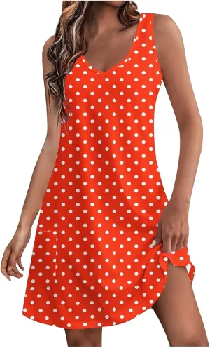 Borniu Women's Summer Casual V Neck Sundresses Polka Dots Knee Length Sleeveless A Line Tank Dress Beach Vocation Dresses
