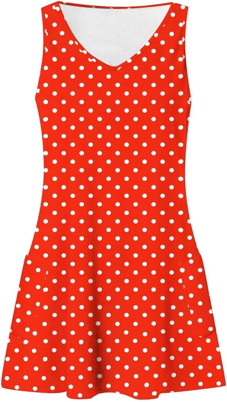 Borniu Women's Summer Casual V Neck Sundresses Polka Dots Knee Length Sleeveless A Line Tank Dress Beach Vocation Dresses