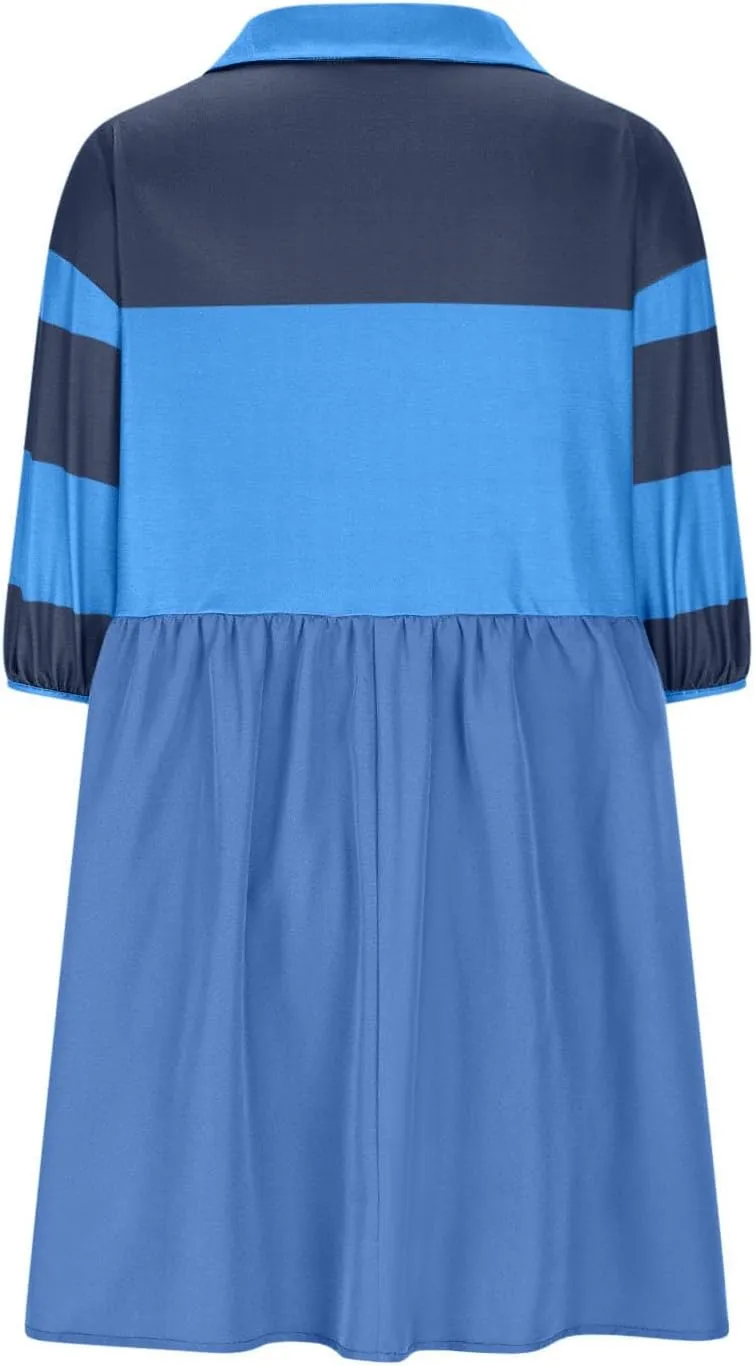 Borniu Women's Summer Short Sleeve Color Block Lapel Baggy Mini Dress Cute Babydoll Ruffle Pleated A Line Tunic Dresses