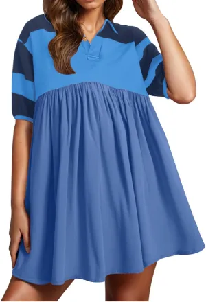 Borniu Women's Summer Short Sleeve Color Block Lapel Baggy Mini Dress Cute Babydoll Ruffle Pleated A Line Tunic Dresses