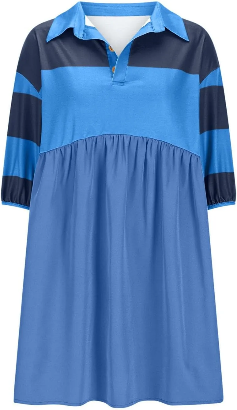 Borniu Women's Summer Short Sleeve Color Block Lapel Baggy Mini Dress Cute Babydoll Ruffle Pleated A Line Tunic Dresses