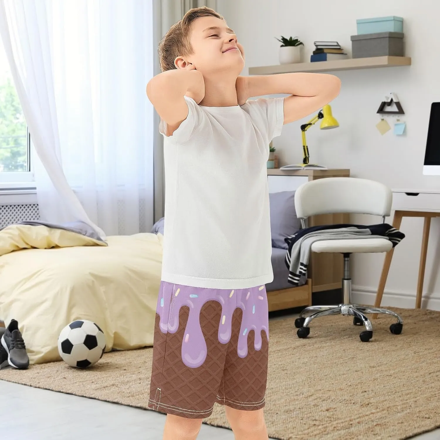 Boys Casual Shorts Ice Cream Kids Athletic Basketball Hiking Gym Shorts with Pocket for Outdoor Sports 7-15Y