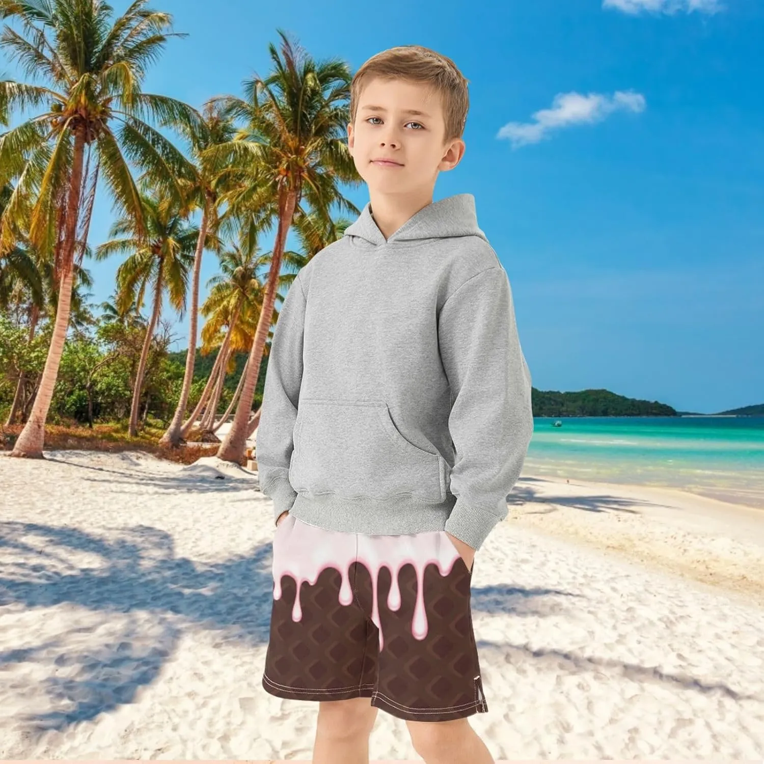 Boys Casual Shorts Ice Cream Kids Athletic Basketball Hiking Gym Shorts with Pocket for Outdoor Sports 7-15Y