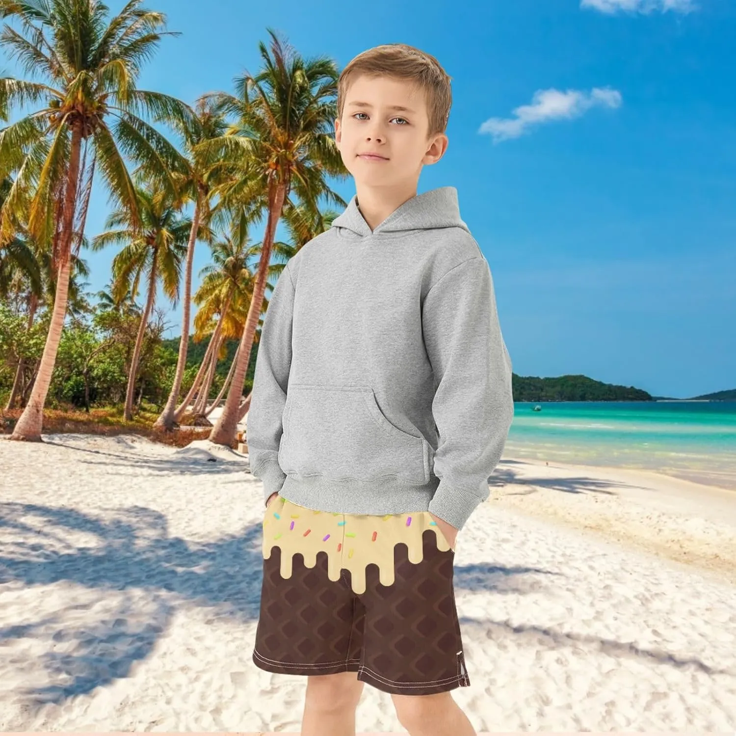 Boys Casual Shorts Ice Cream Kids Athletic Basketball Hiking Gym Shorts with Pocket for Outdoor Sports 7-15Y