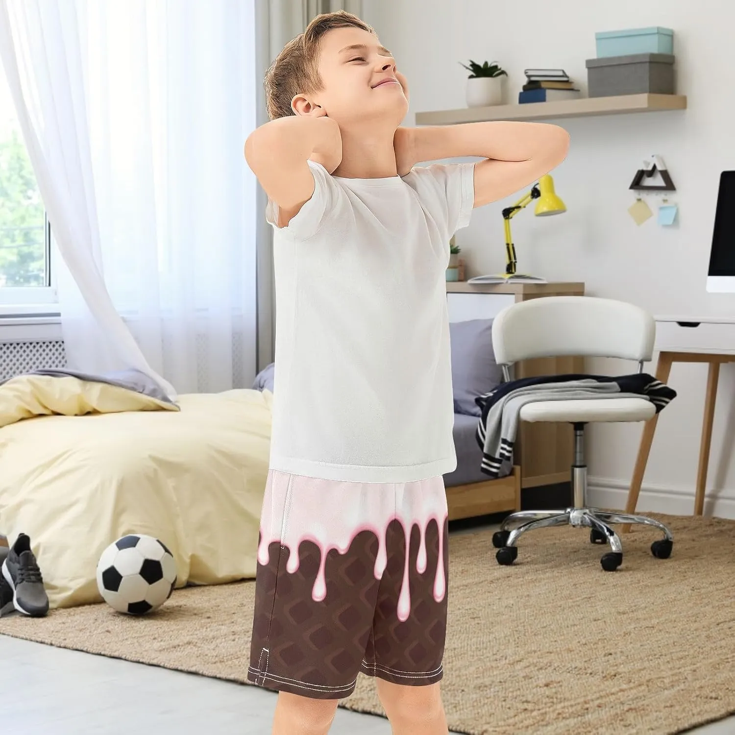 Boys Casual Shorts Ice Cream Kids Athletic Basketball Hiking Gym Shorts with Pocket for Outdoor Sports 7-15Y